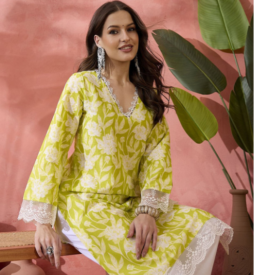 Floral Printed V-Neck Thread Work Pure Cotton Straight Kurta