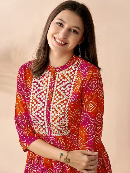 Fuchsia Bandhani Printed Band Collar Mirror Work Empire Anarkali Short Kurti