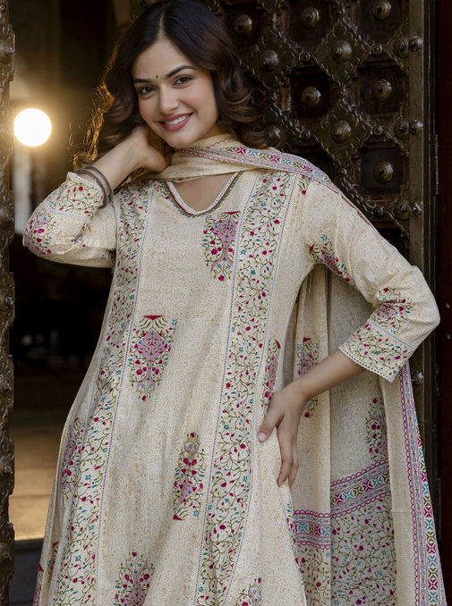 Floral Printed Panelled V-Neck Pure Cotton A-Line Kurta With Palazzos & Dupatta